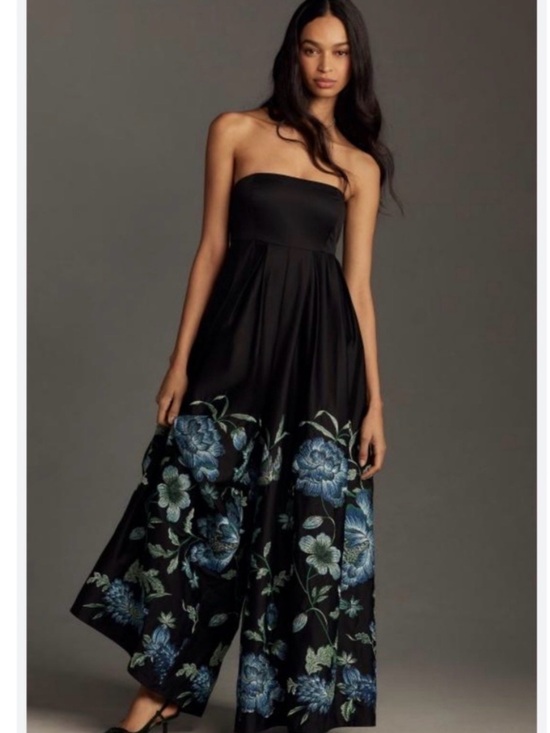 Hutch Pants - Anthropologie Hutch Strapless Embroidered Black Floral Wide-Leg Jumpsuit